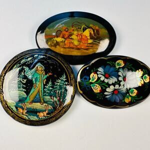 Vintage Russian Black Lacquer Brooch Pin Bundle of Three Pieces